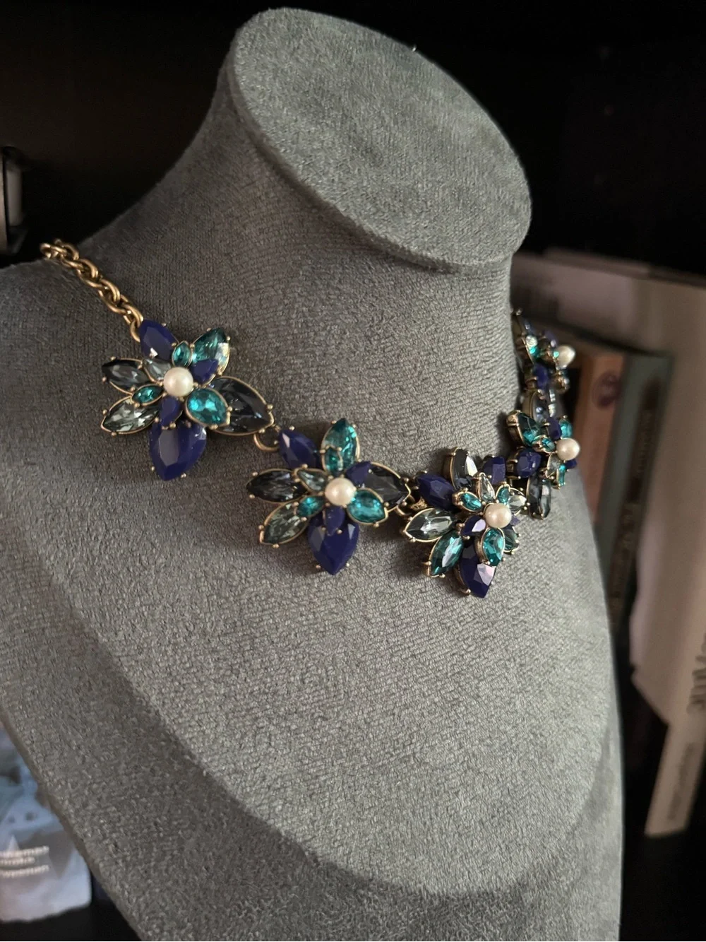 J. Crew Blue and Teal Floral Crystal Necklace
